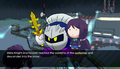 Meta Knight and Nozomi standing before Santa's Workshop.